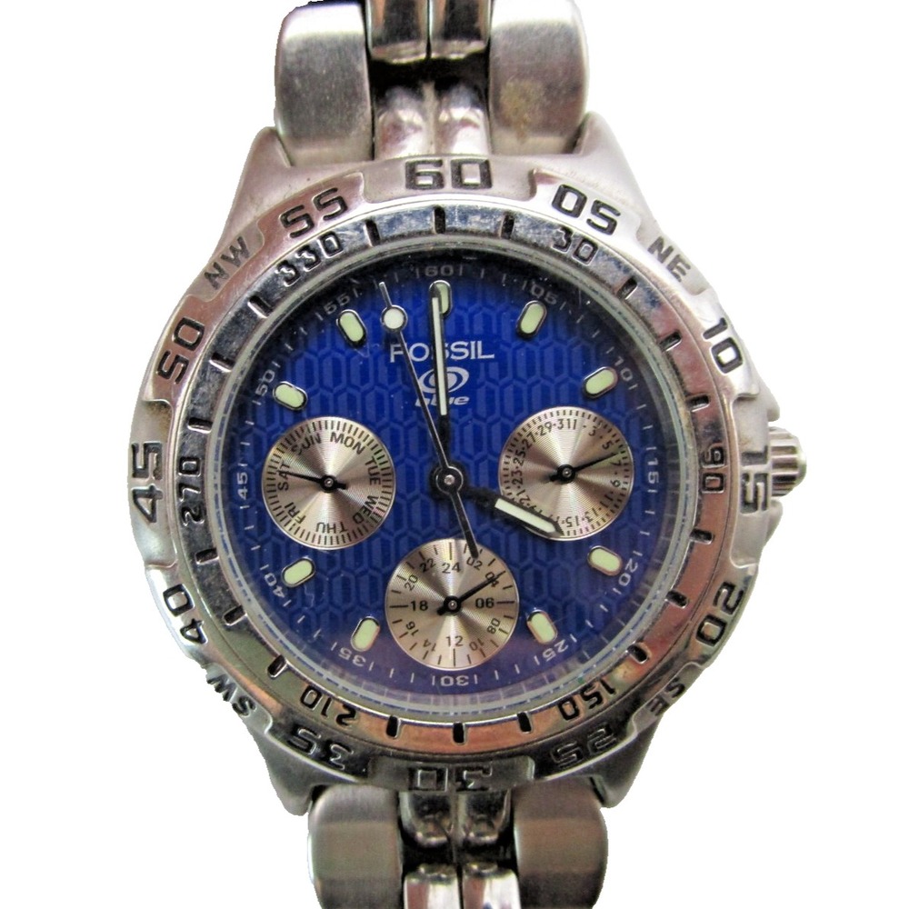 Fossil Blue Watch Blue Dial Silver Tone Day Date BQ-8793 Stainless